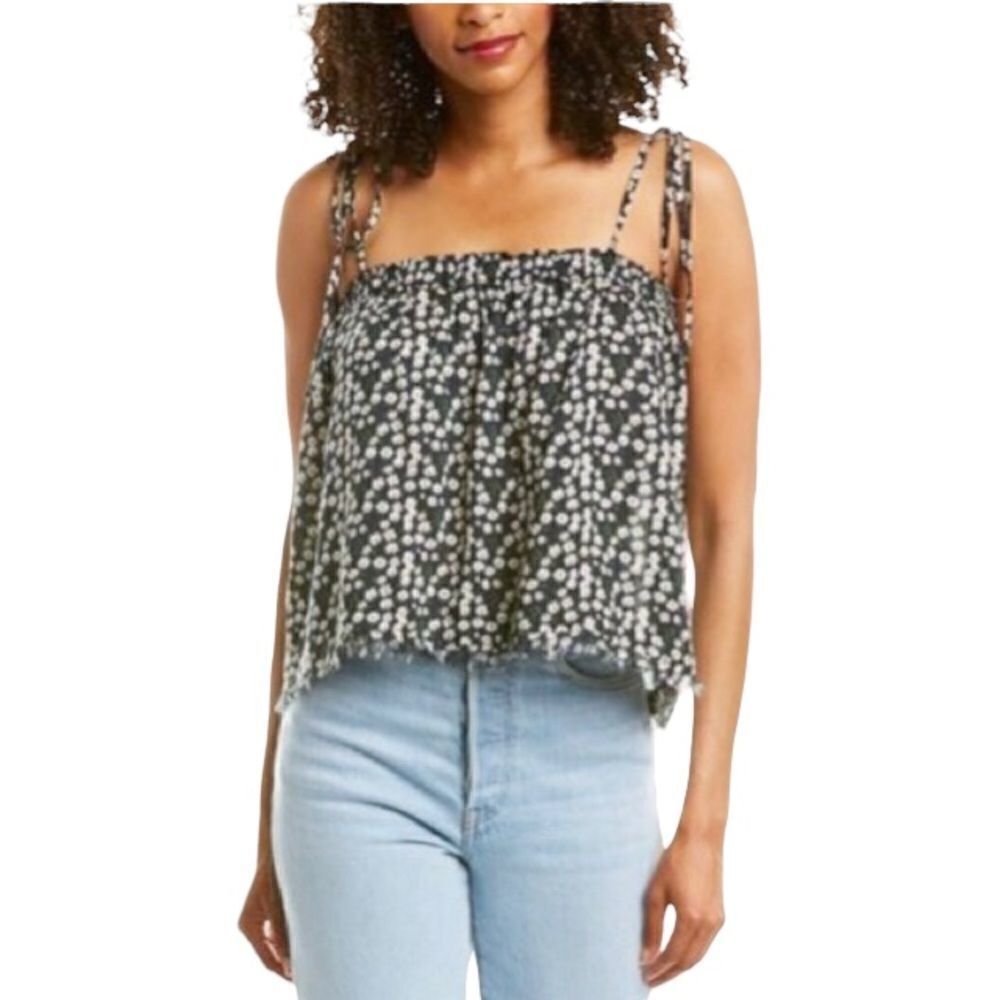 Elan Spaghetti Tie Strap Frayed‎ Hem Daisy Print Crop Top Size Small